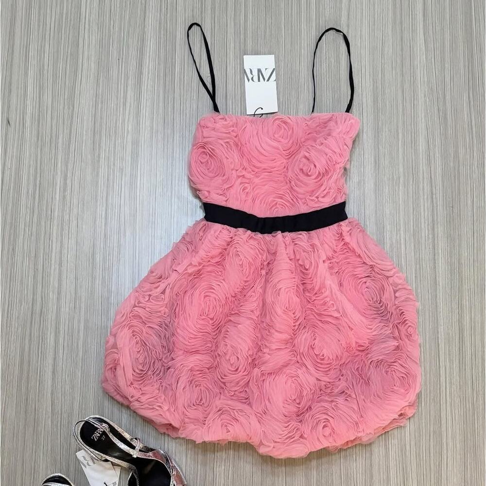 ZARA Textured Strapless Mini Dress NWT | Pink Floral Rosette Balloon Hem - Picture 15 of 16